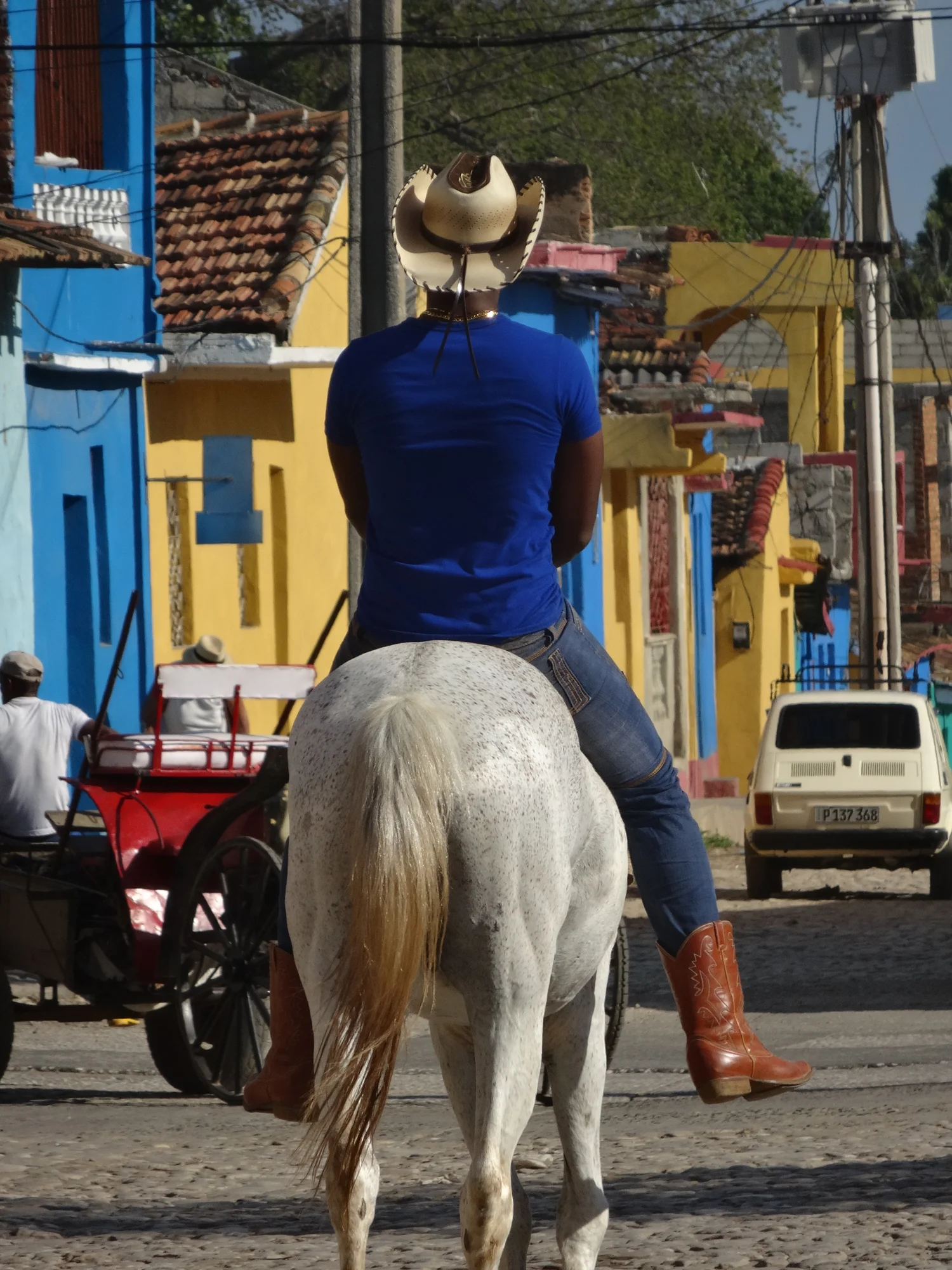 Cavalier vu de dos, portant un chapeau de cow-boy et un tee-shirt bleu, Trinidad (Cuba) — L'homme qui murmurait aux couleurs